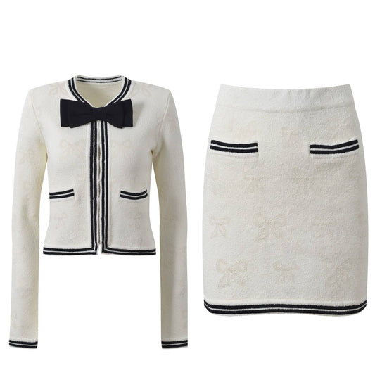 SET233 Bow-Trim Knit Cardigan & Jacquard Skirt Set