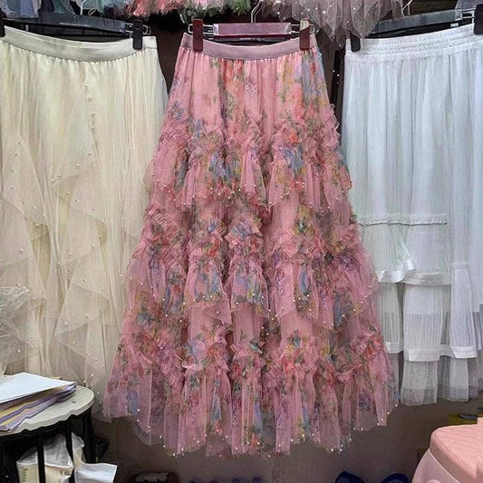 SK063 Beaded Irregular Stitching Gauze Mesh Layered Skirt