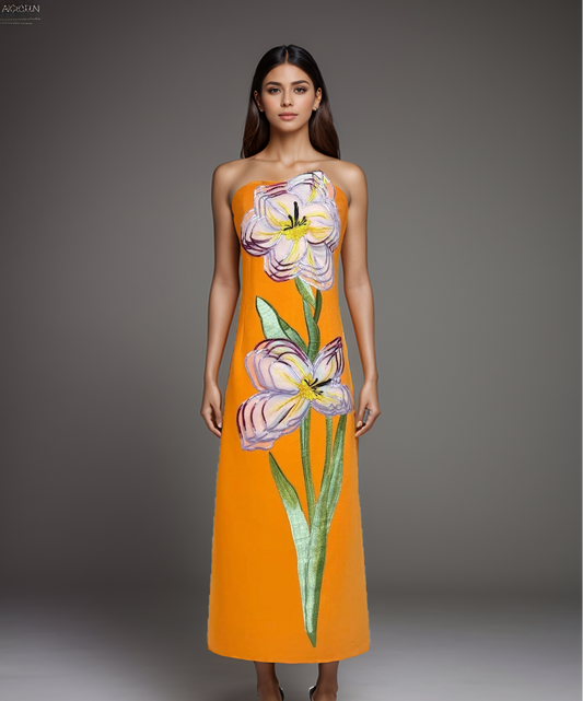 47Y Yellow Retro Tube Top Dress with 3D Floral Embroidery