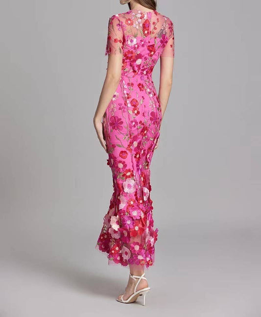 DR0270Y Elegant Floral Mesh Fishtail Dress for Women