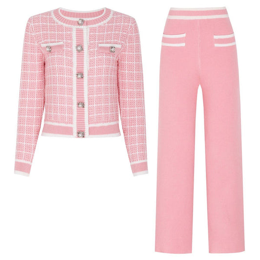 BY Elegant Plaid Knit Cardigan Jacket and Matching Pants Set
