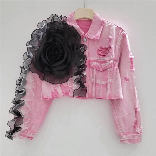JK141 Pink Mesh-Accent Ripped Short Denim Street Jacket