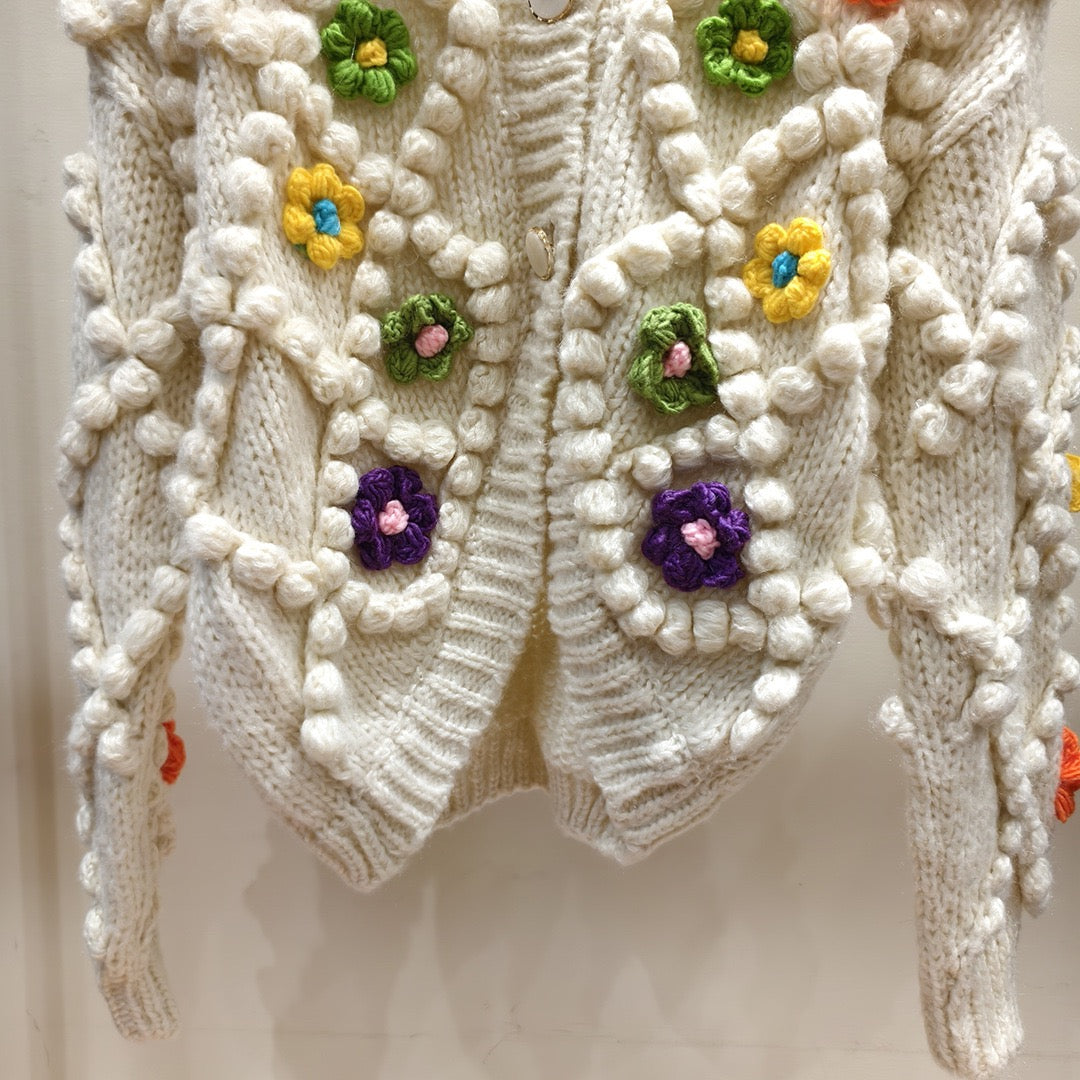 TP41 Hand-Woven Knitted Floral Sweater with 3D Flowers