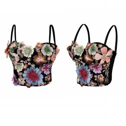 VE006Y Retro Floral Embroidered Tube Top Camisole with Bra