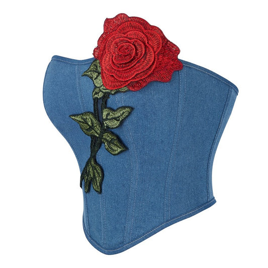 VE11 Elegant Denim Corset Top with Red Rose Embroidery