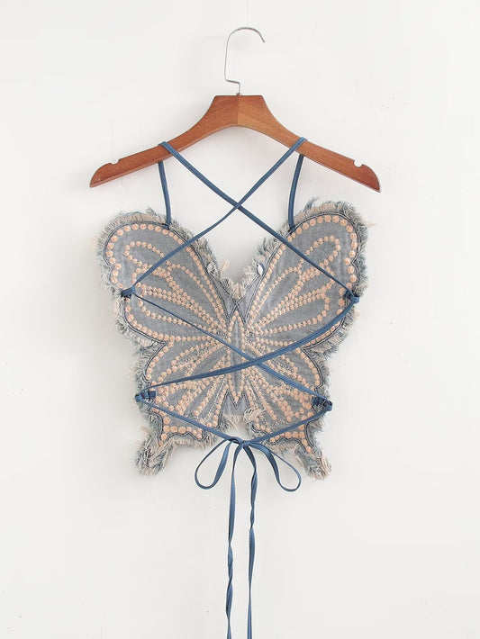 VE10 Butterfly Print Slim Fit Camisole with Rivet Accents