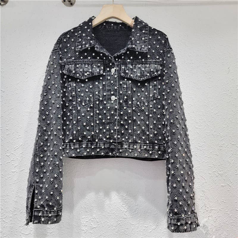 JK92 Chic Diamond-Studded Denim Jacket for Women