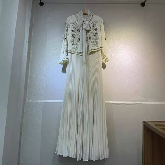 SET200Y Embroidered Jacket & Pleated Dress Two-Piece Set