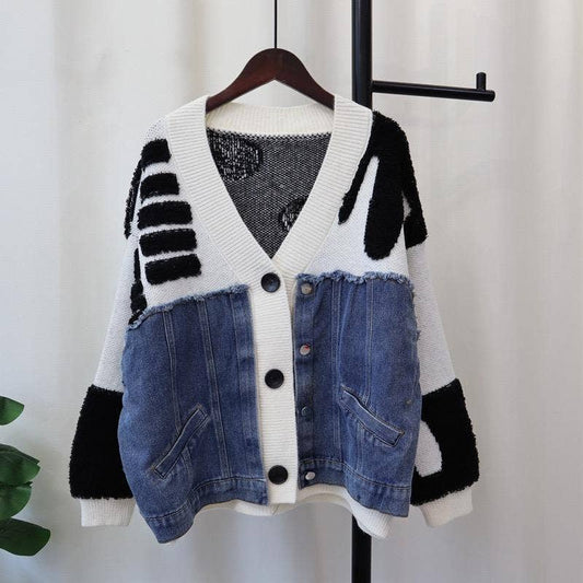 JK104 Patchwork Denim Knitted Cardigan Sweater Jacket