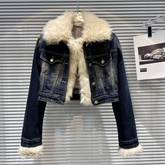 JK183Y Cropped Washed Denim Jacket with Eco Fur Trim