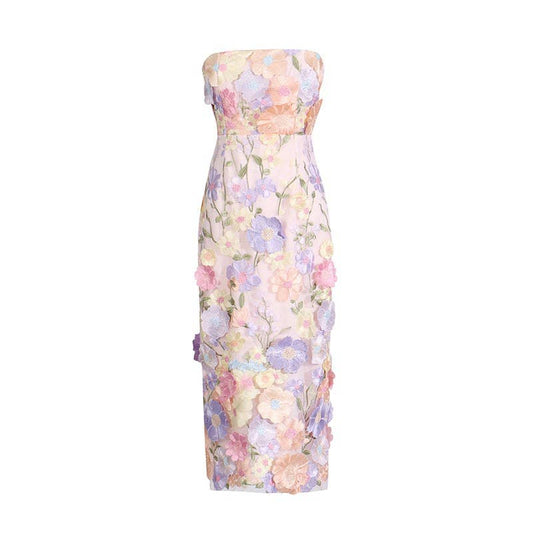DR0122 3D Floral Embroidered Slim Strapless Midi Dress