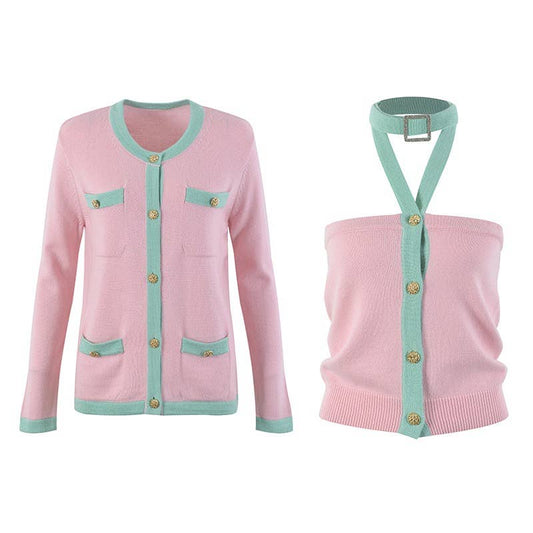 SET226 Pastel Knit Cardigan & Halter Top Set ¨C Fall Chic