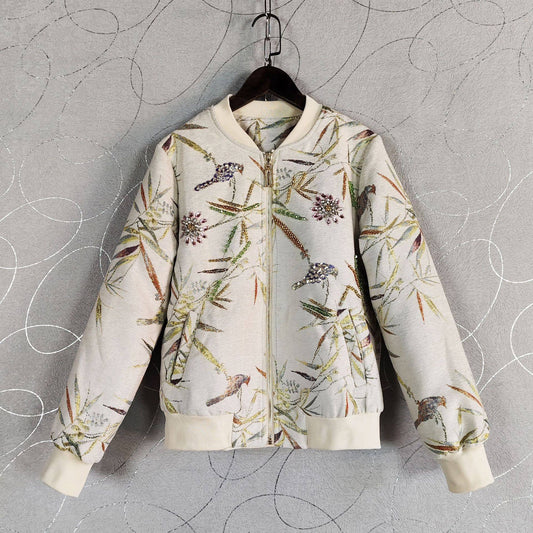 JK227Y Sequin Beaded Bamboo Print High-Neck Short Jacket