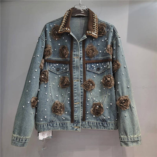 JK197 Vintage Beaded Floral Denim Jacket with Contrast Colla
