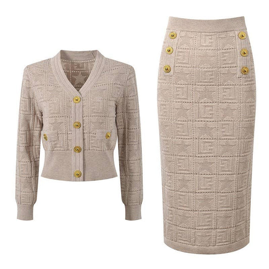 SET209Y Handmade Jacquard Knit V-Neck Cardigan and Skirt Set