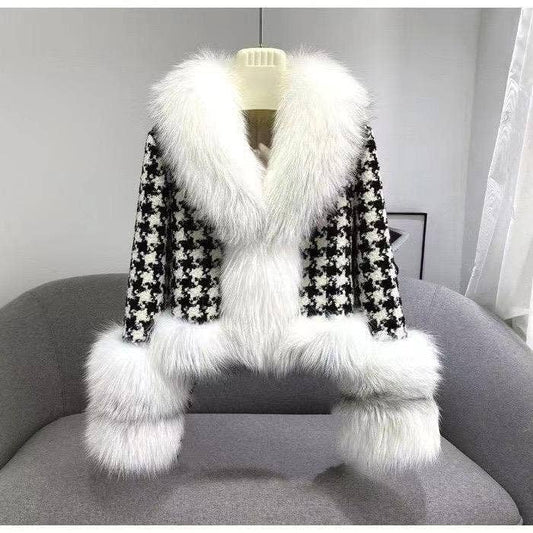 JK101Y Chic Houndstooth Faux Fur Coat - Short & Stylish