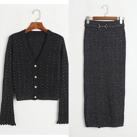 SET9-2Y Diamond V-Neck Sweater & Slit Skirt Set -Autumn Chic