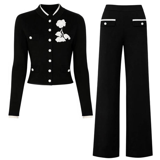 SET261Y Pink Knit Cardigan & Wide-Leg Pants Set 2025