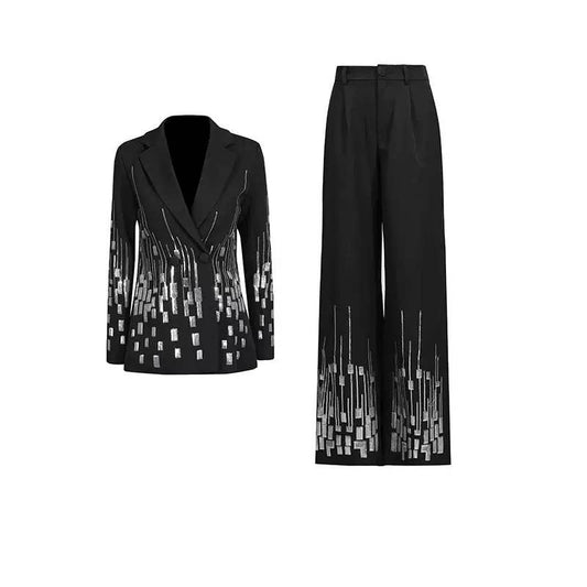 SET284Y 2026 Sequin V Neck Blazer and Straight Pants Set
