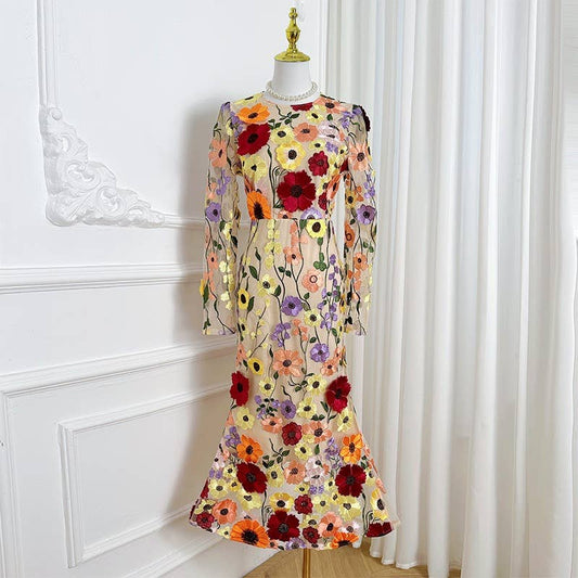 DR947Y 3D Floral Embroidered Waist Fit Mermaid Dress