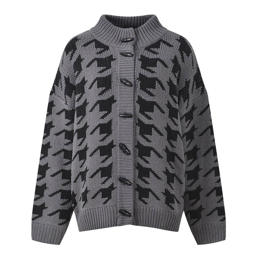 JK178 Houndstooth Jacquard Wool Knit Stand Collar Jacket