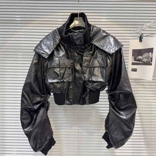 SET243Y Autumn Winter PU Leather Hooded Jacket and Skirt Set