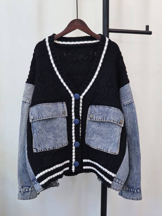 JP26 2025 Autumn Denim Patchwork Knit Cardigan Jacket