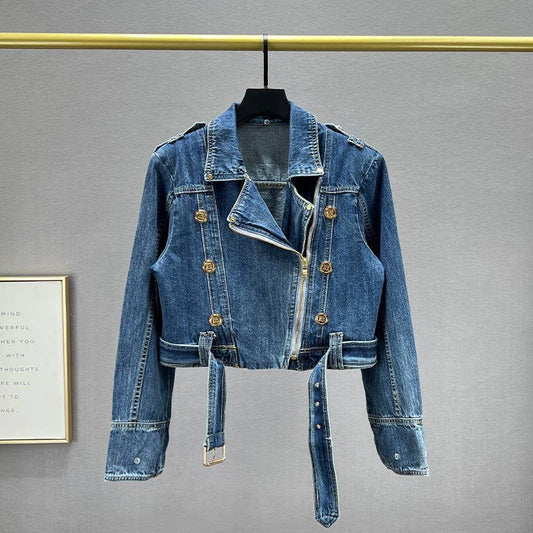 JK220Y Women's Cropped Denim Jacket with Belted Detail