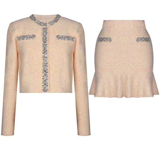 SET94Y Diamond Knit Wool Cardigan & Hip Skirt Set
