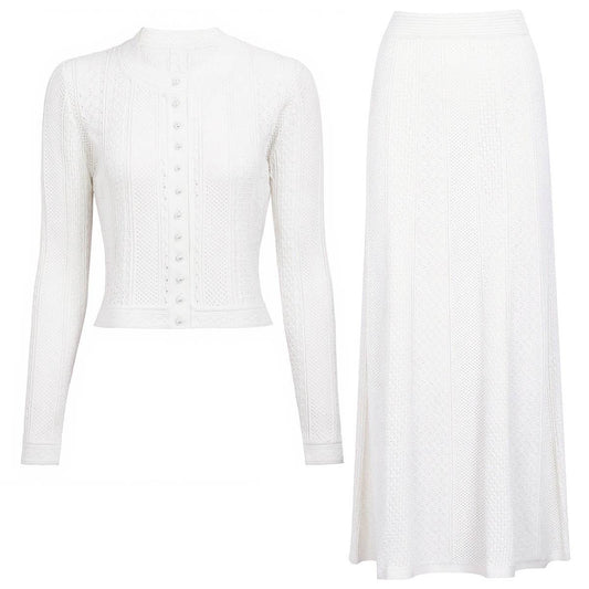 SET204Y Ribbed Knit Button Cardigan & Midi Skirt Set