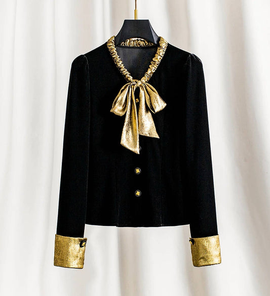TP53Y Velvet Bow Tie Blouse Elegant Long Sleeve Top 2025
