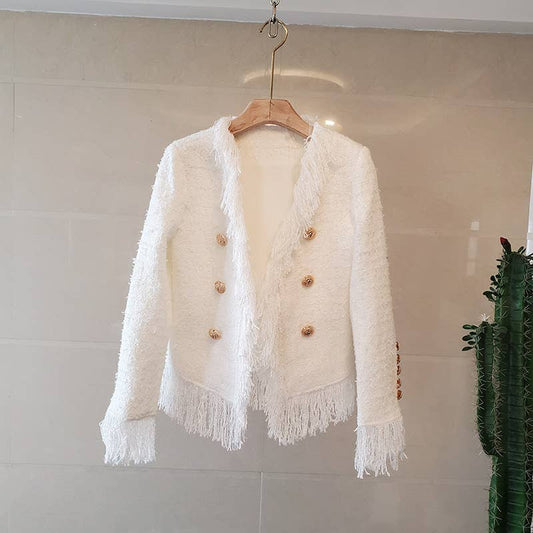 BL0229 Chic Fringed Tweed Blazer - Double-Breasted