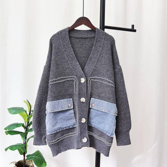 JK91 Cozy Patchwork Denim-Knit Cardigan