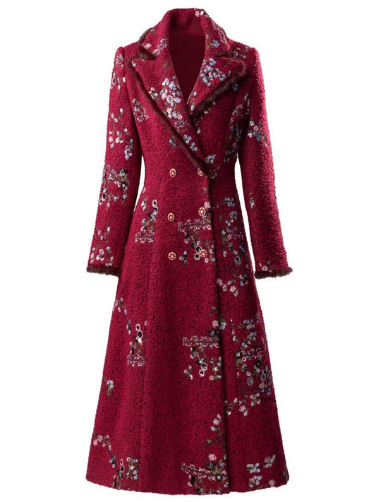 108Y Embroidered Sequin Fur-Trim Double-Breasted Winter Coat