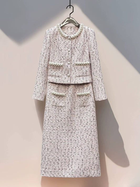 SET265Y Beaded Tweed Short Jacket and Skirt Two-Piece Set