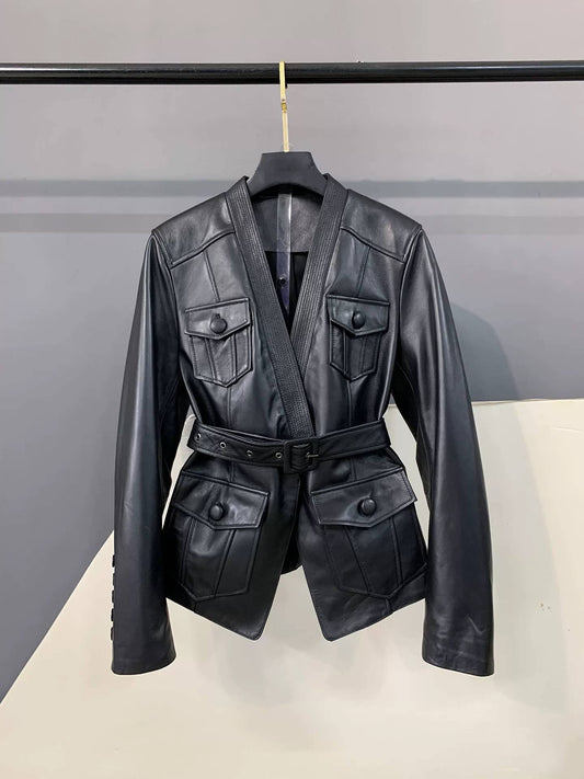 BL48Y V-Neck Belted Leather Blazer with Pocket Detail