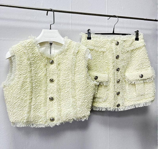 SET68Y Chic Tassel Tweed Two-Piece Set - Crop Top & Skirt