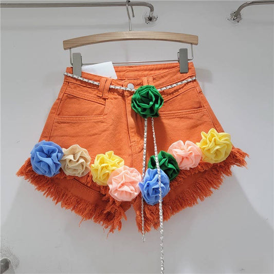 PT026Y Bold Bloom High Waist Raw Edge Denim Shorts