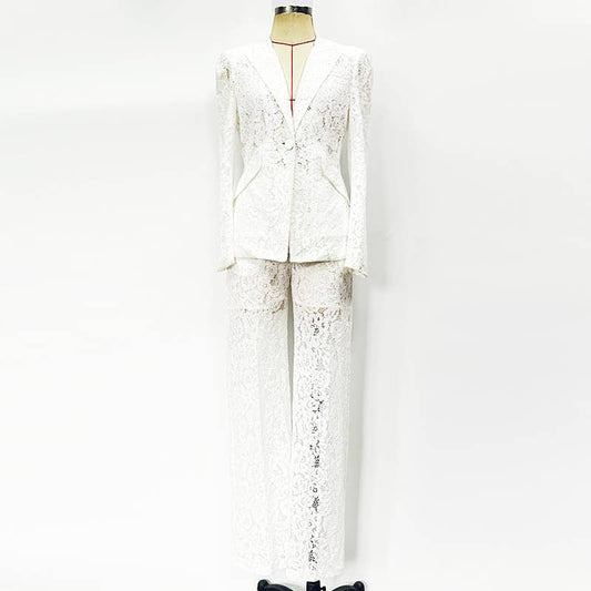 30Y Elegant Lace Suit: Chic Jacket & Slim Straight Pants Set