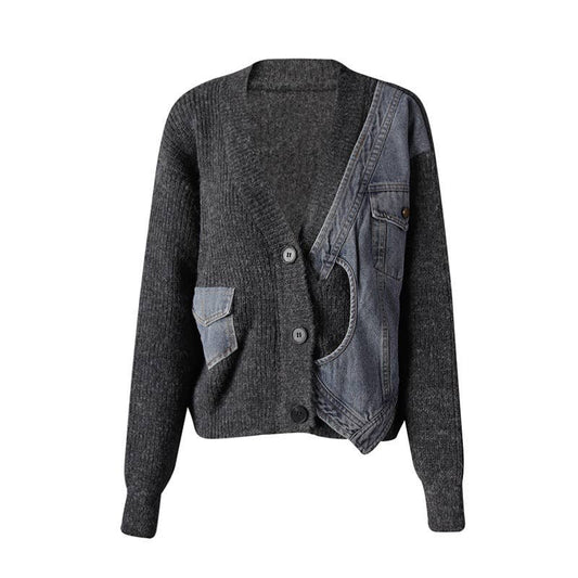 JK173 Asymmetric Knit-Denim Spliced Cardigan for Women