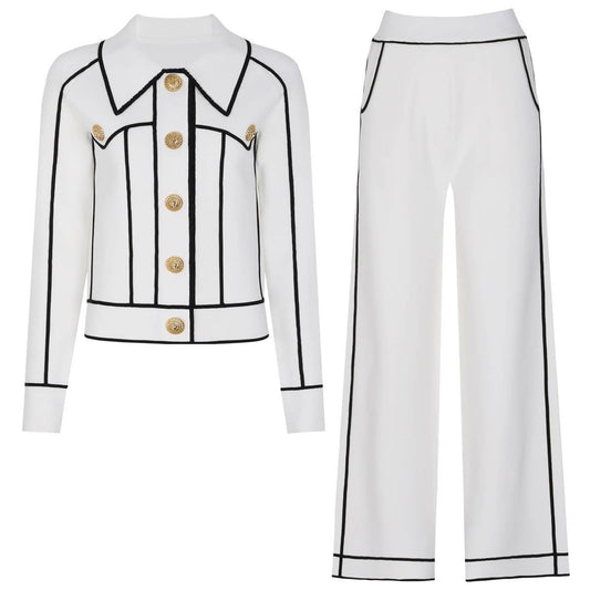 SET276Y Striped Knit Cardigan Jacket and Casual Pants Set