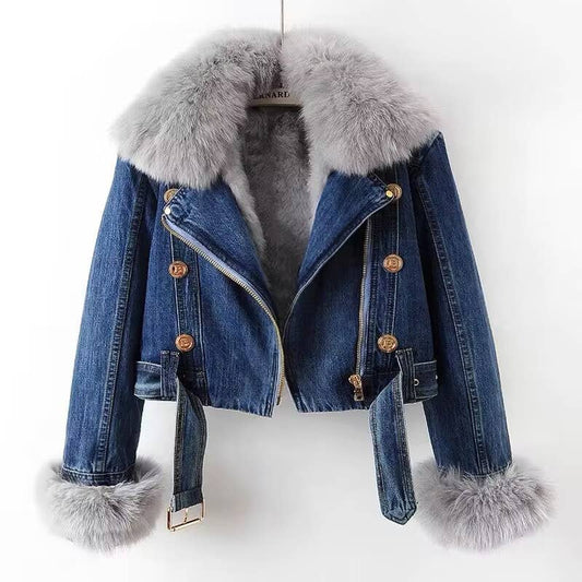 JK1022Y Women's Detachable Faux Fur Lining Denim Jacket