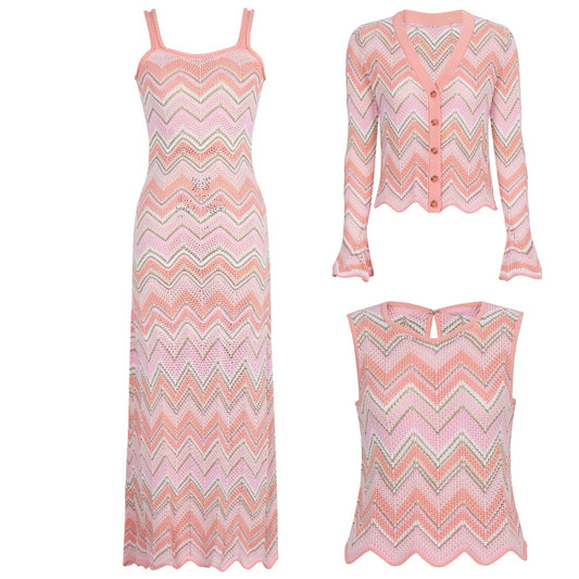 SET62 Chevron Knit Trio: Long-Sleeve, Dress & Vest Set