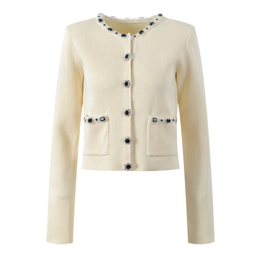 SET222 Beaded Button Knit Top & Mermaid Skirt Set ¨C Cream