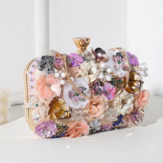 AS5 Hand Beaded 3D Floral Evening Clutch Box Bag Women