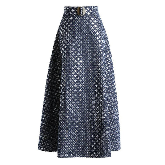 SK95Y 2026 Embroidered Sequin High Waist Denim A-Line Skirt
