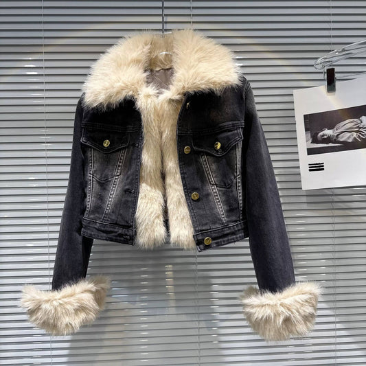 JK183Y Cropped Washed Denim Jacket with Faux Fur Trim