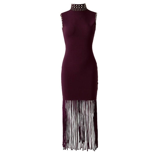 DR950Y Handcrafted Rhinestone Sleeveless Knit Fringe Dress