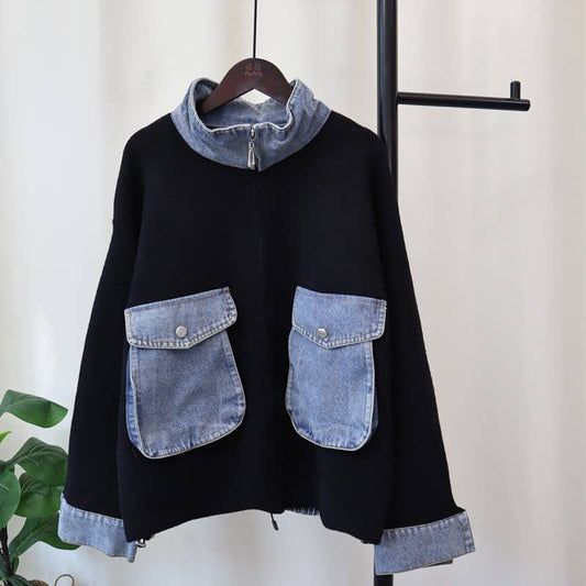 JP27 2025 Autumn Zip Up Denim Patchwork Knit Cardigan