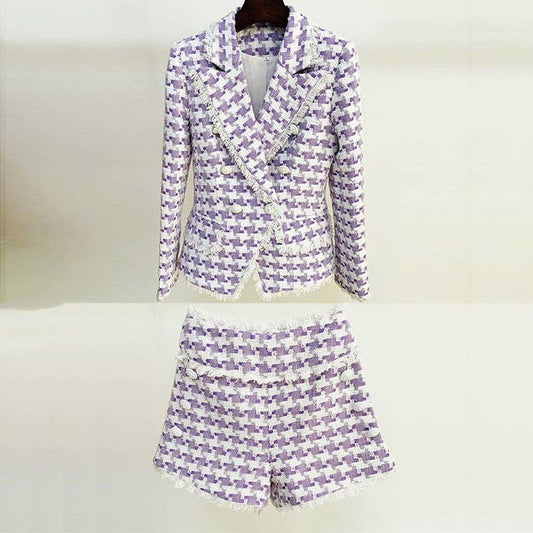SET063 Elegant Pink Houndstooth Suit Set
